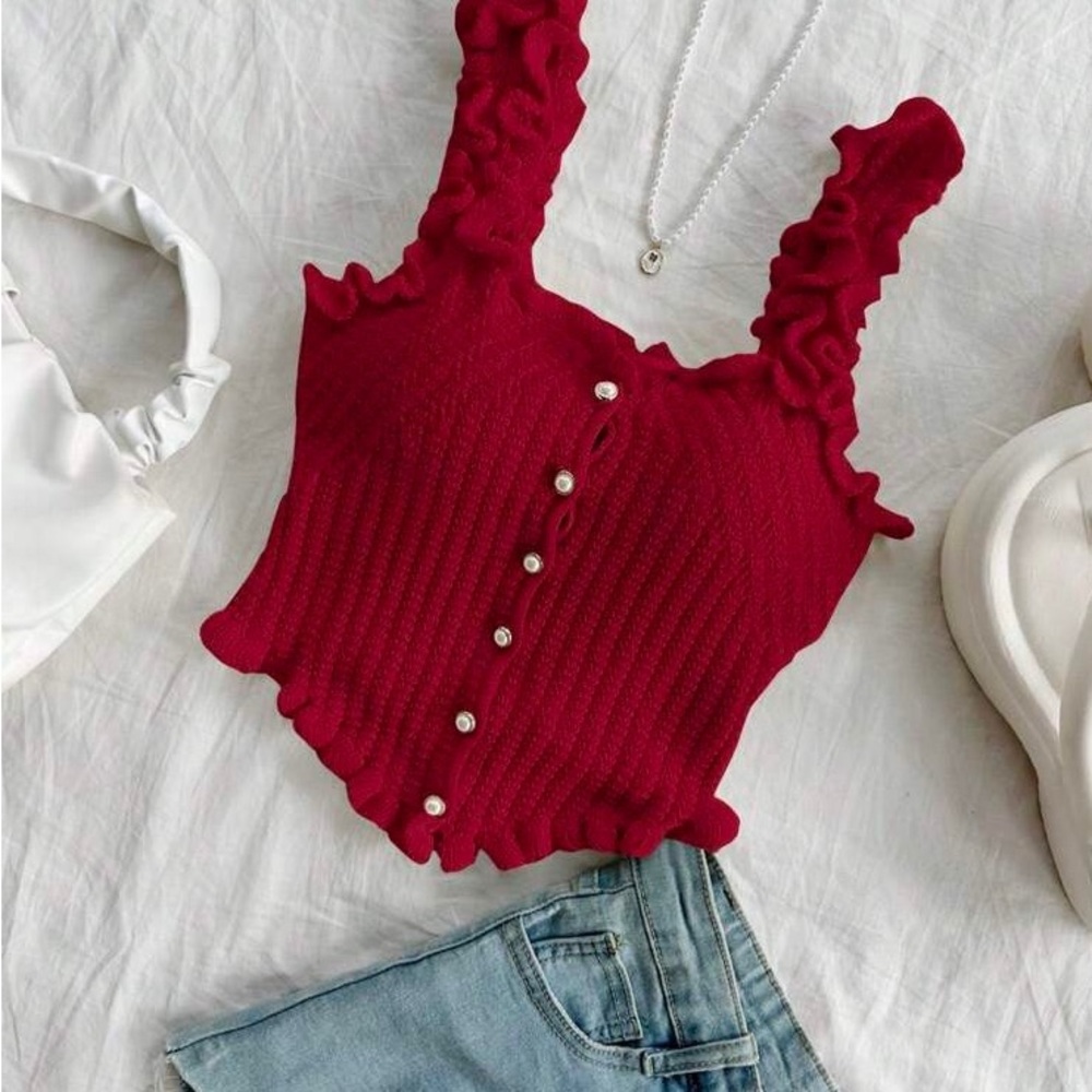 SHEIN Red Ribbed Ruffled Tank Top - Picture 4 of 5